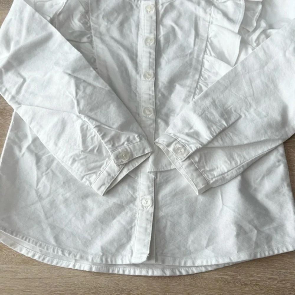 Classic Prep White Gemma‎ Preppy Ruffle Button Down Long Sleeve Shirt